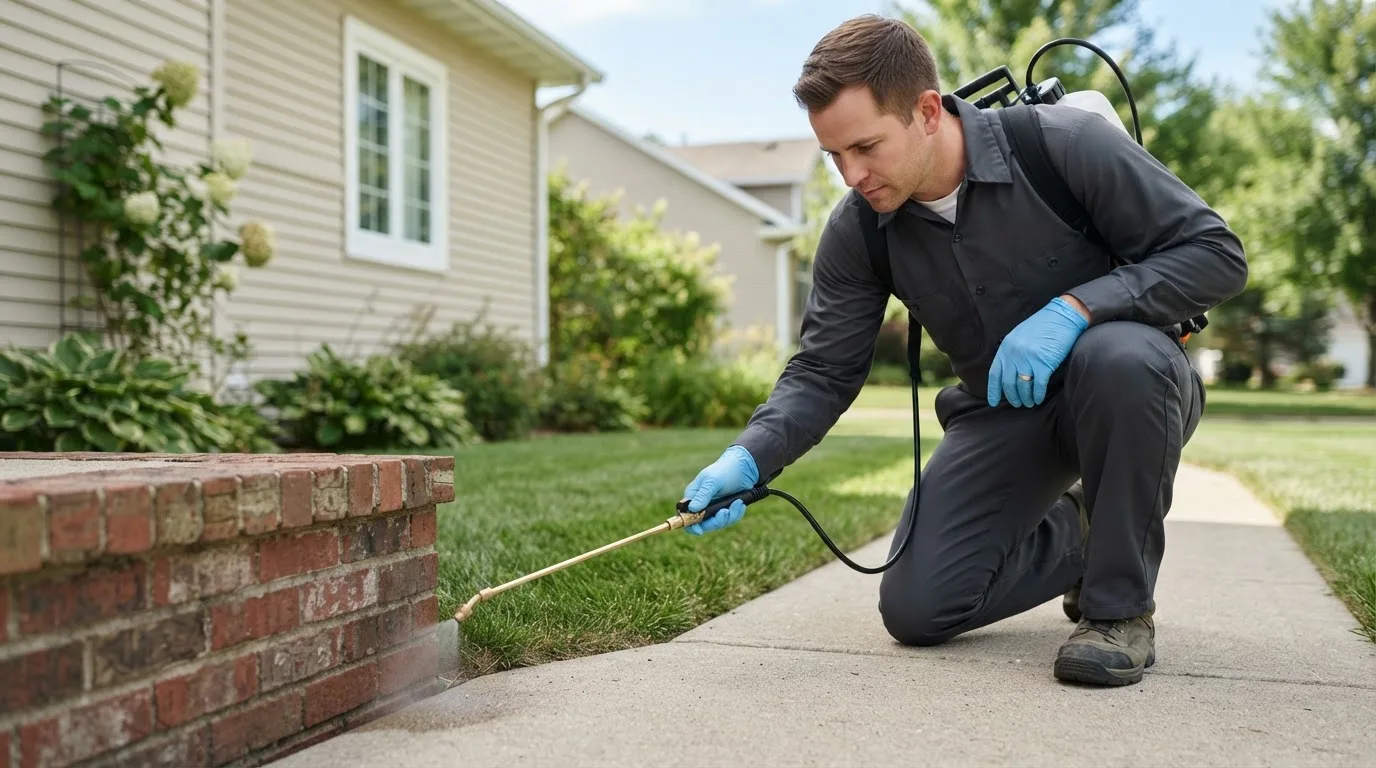 Pest control technician treating a home near Harvey, ND